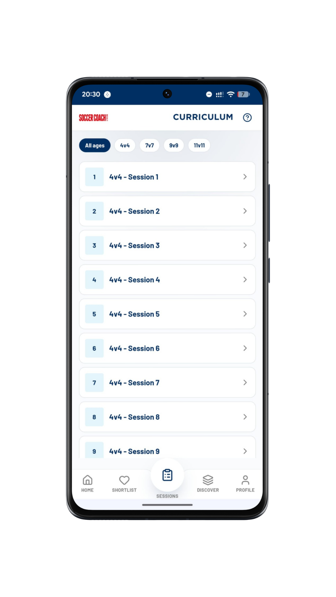 Curriculum session list on a phone, filtered by playing format